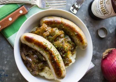 Bangers & Mash with Guinness Onion Gravy