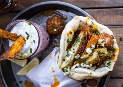 Buffalo Falafel Pitas w/Garlic Blue Cheese Fries