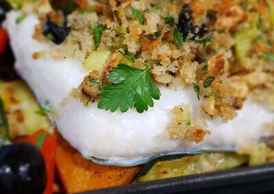 Hazelnut & Olive topped Cod with grilled Vegetables