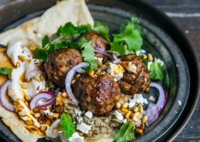 Loaded Lamb Meatballs with Eggplant Hummus