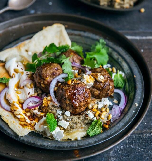 Loaded Lamb Meatballs with Eggplant Hummus