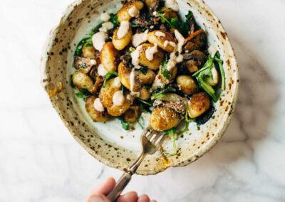Mushroom Gnocchi with Arugula and Walnut Pesto