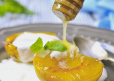 Peaches with Rosemary, Honey and Pistachios