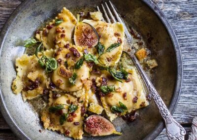 Pumpkin and Goat Cheese Ravioli with Browned Butter + Oregano Bread Crumbs
