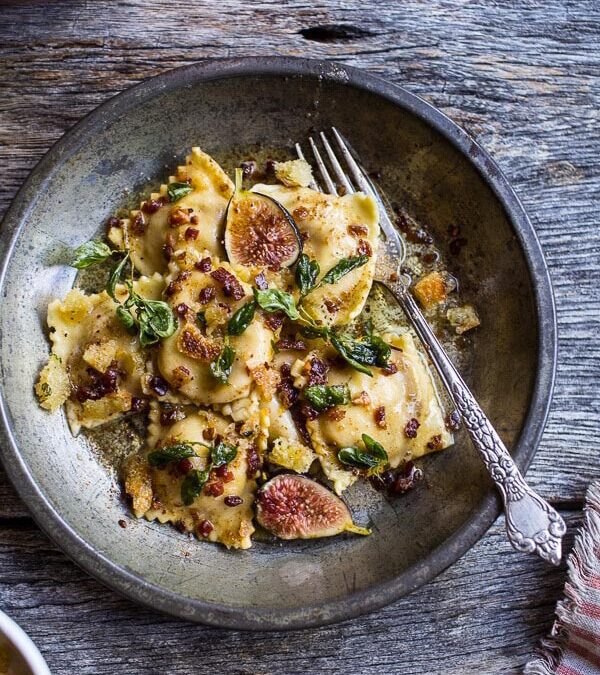 Pumpkin and Goat Cheese Ravioli with Browned Butter + Oregano Bread Crumbs