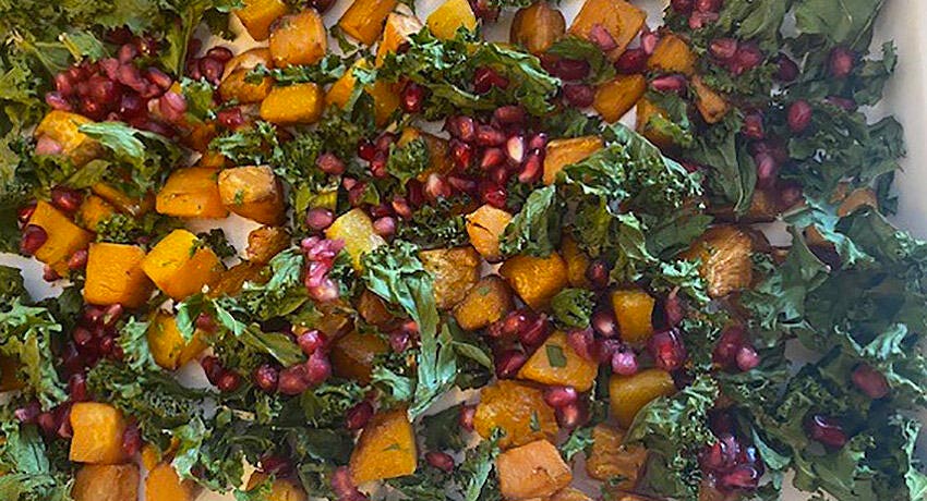 Roasted Butternut Squash & Sweet Potato with Kale & Pomegranate