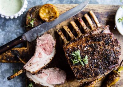 Roasted Rack of Lamb with Basil Goat Cheese Sauce