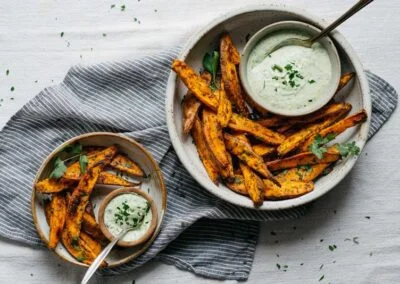 Roasted Sweet Potato Wedges W/ Green Yogurt Sauce