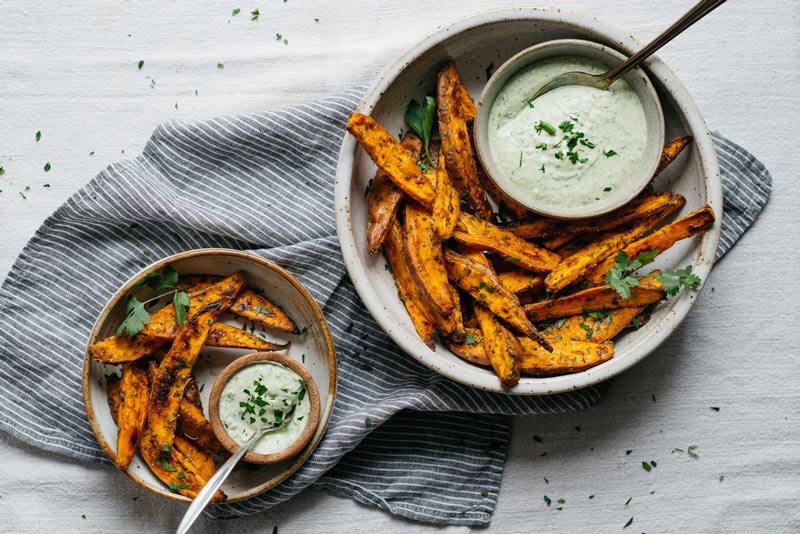 Roasted Sweet Potato Wedges W/ Green Yogurt Sauce