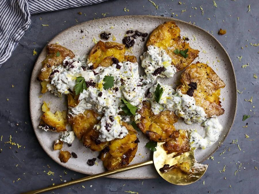 Smashed Lemony Potatoes with Greek yogurt and Feta Dressing