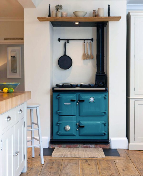 Rayburn combustion stove in salcombe blue.