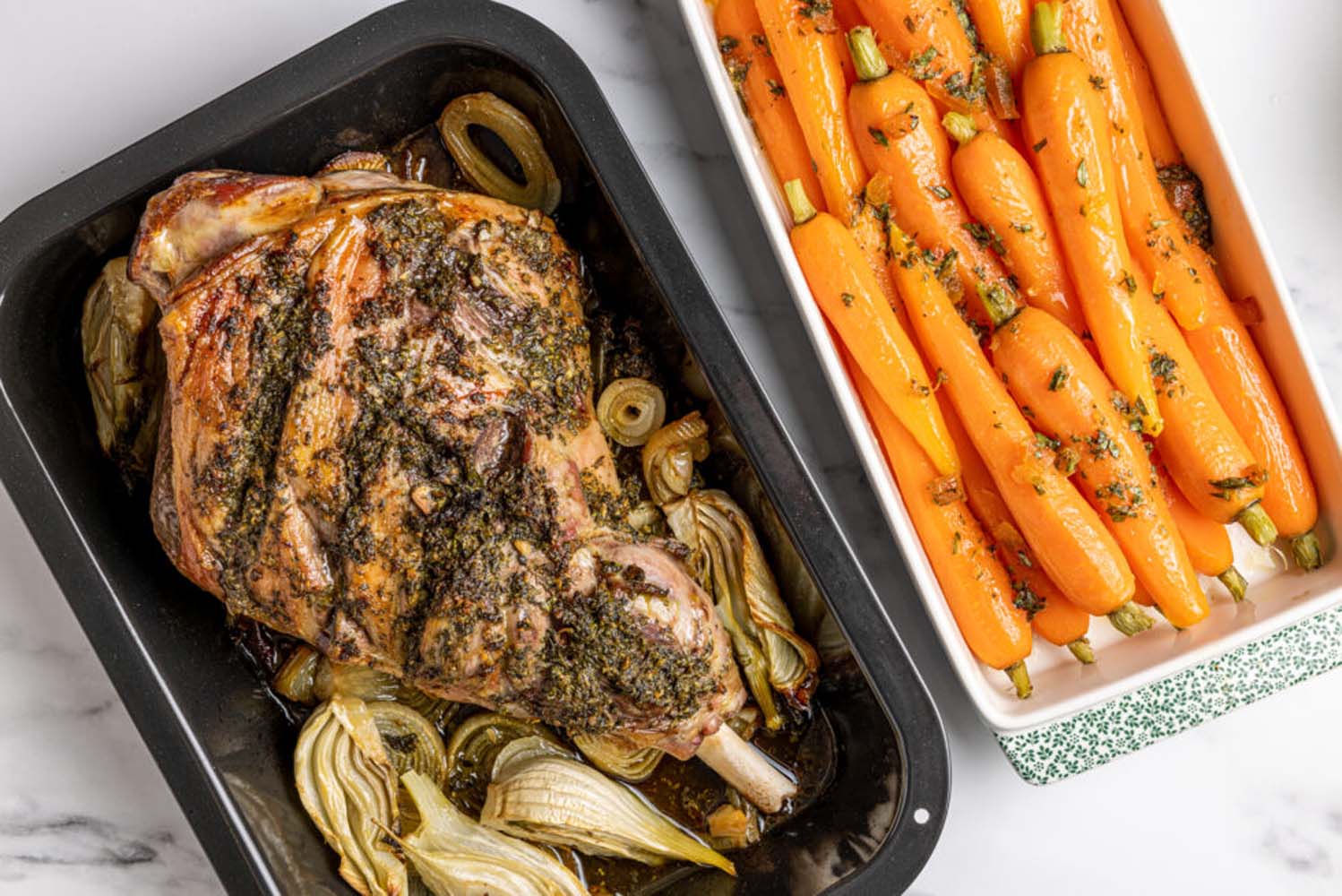 LEMON AND MINT LEG OF LAMB WITH TARRAGON AND MARMALADE CARROTS AGA