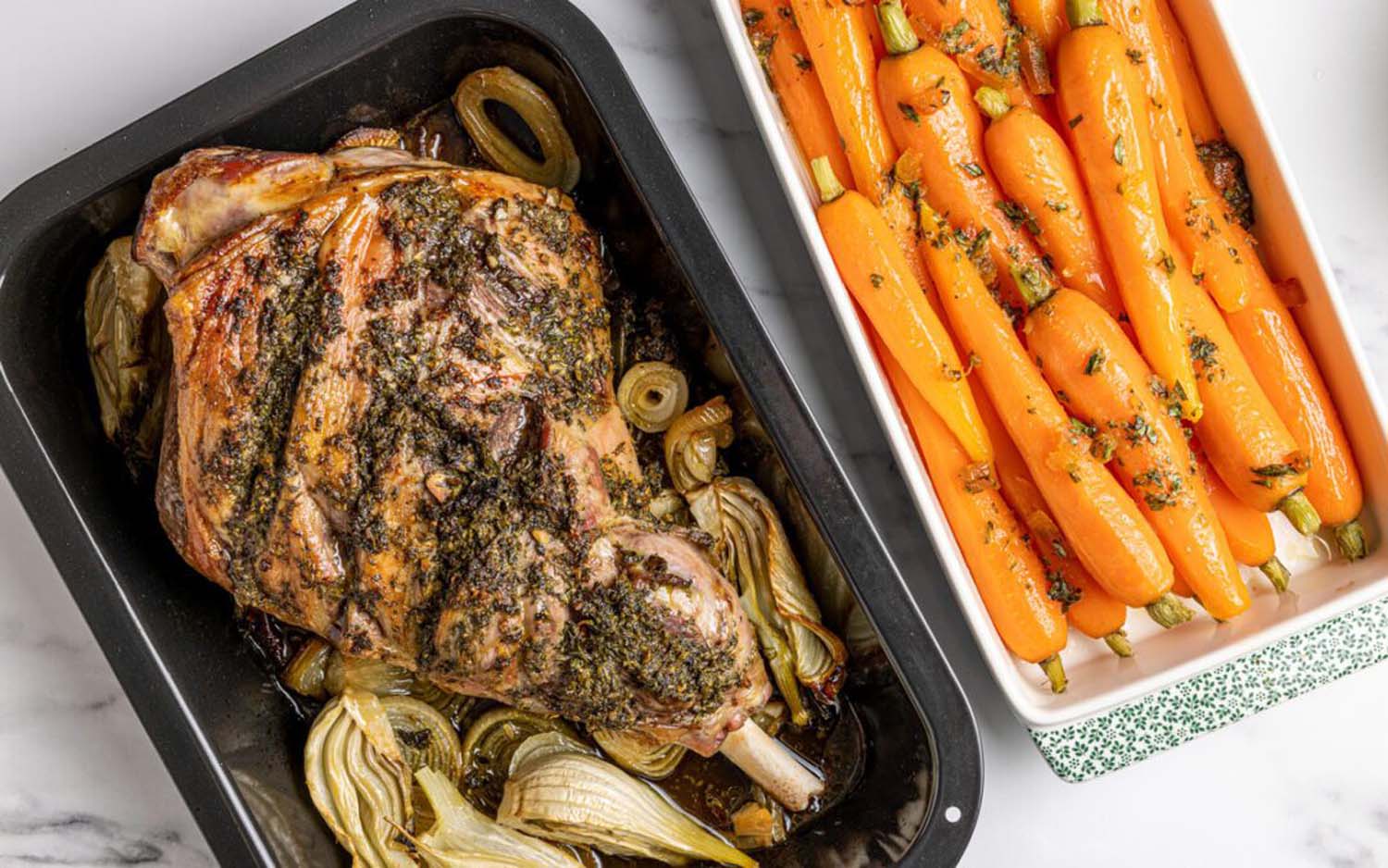 LEMON AND MINT LEG OF LAMB WITH TARRAGON AND MARMALADE CARROTS