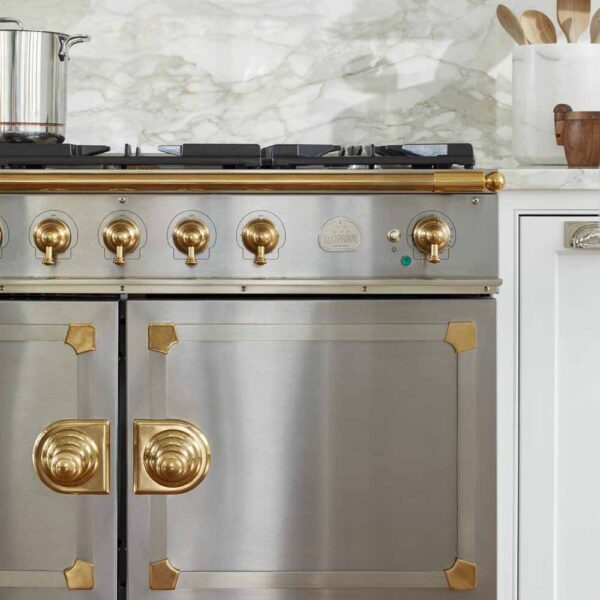 CornuFé Dual Fuel 110 Range Cooker - Brushed Stainless Steel + Polished Brass & Stainless Steel